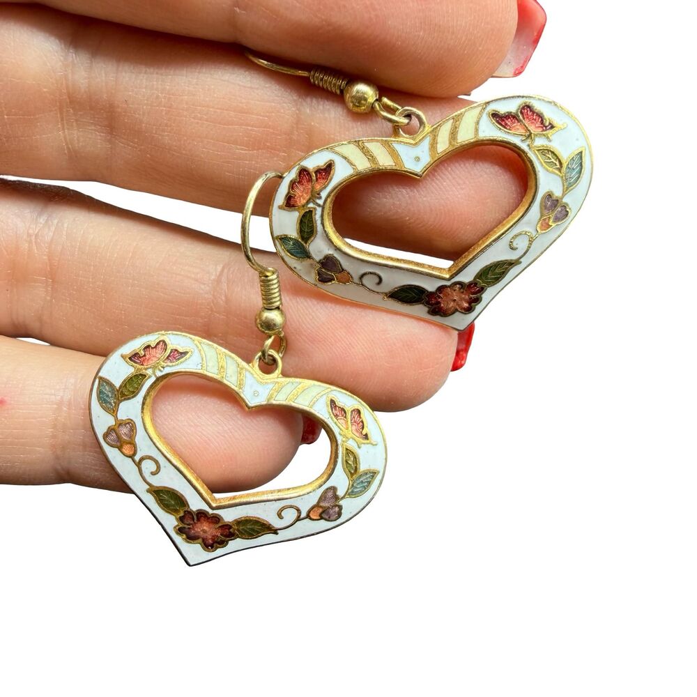 Vintage Jewelry Cloisonne Heart Earrings Colorful Earrings